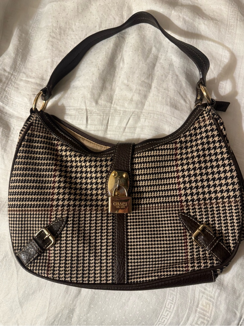 Chaps Brown & Beige Houndstooth Hobo with Gold Lock